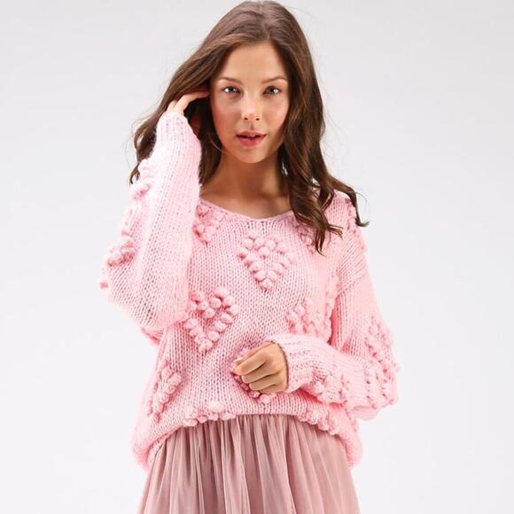 Chic Wish Heart Pom Pom Sweater V Neck Pink Hand Knitted Size S/M Wool Blend NWT - Picture 6 of 6
